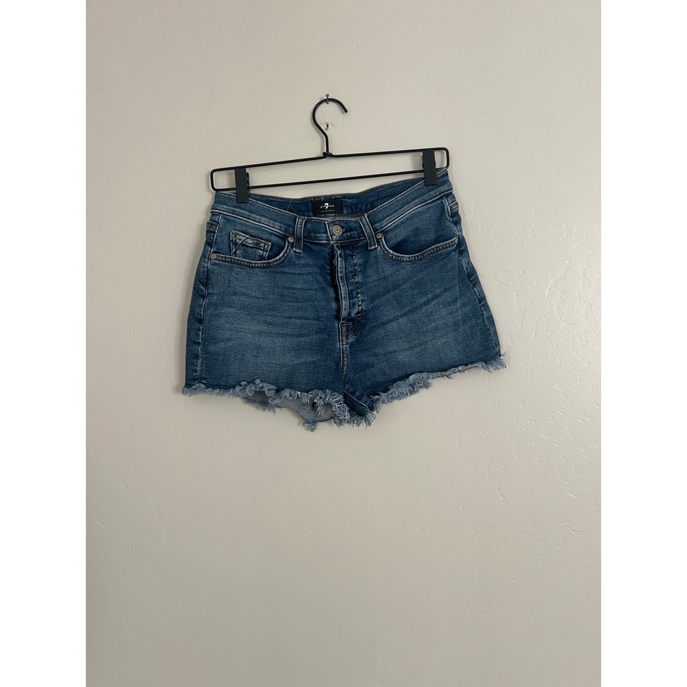 7 For All Mankind Monroe Cut Off Short Blue Denim Button Fly Frayed Hem Size 27